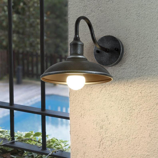 Contemporary Industrial Round Pot Lid Shape Curved Rod Iron Shade 1-Light Wall Sconce Lamp For Outdoor Patio