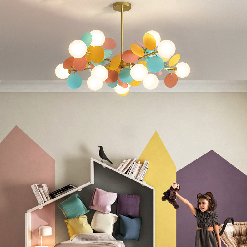 Contemporary Nordic Metal Acrylic Colorful Flower Branch Round Glass Ball 5/6/8/10/12/15 Light Chandelier For Living Room