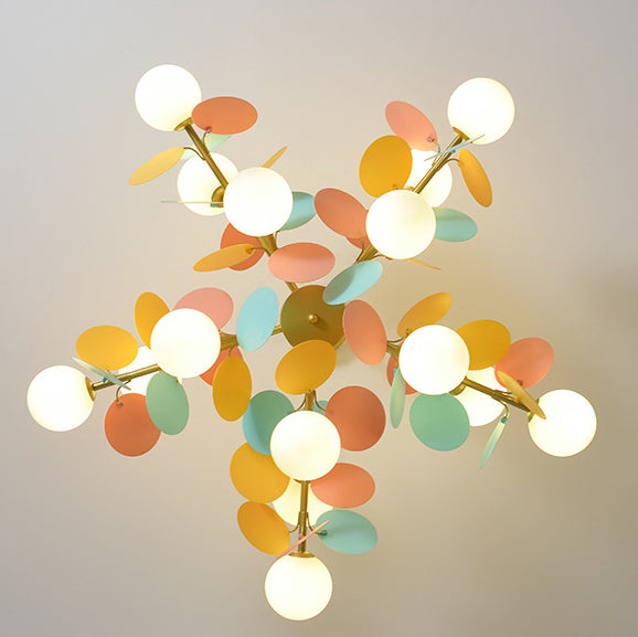 Contemporary Nordic Metal Acrylic Colorful Flower Branch Round Glass Ball 5/6/8/10/12/15 Light Chandelier For Living Room