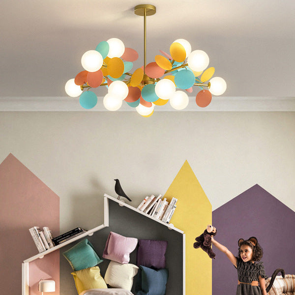 Contemporary Nordic Metal Acrylic Colorful Flower Branch Round Glass Ball 5/6/8/10/12/15 Light Chandelier For Living Room