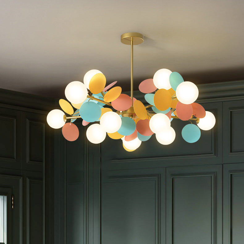 Contemporary Nordic Metal Acrylic Colorful Flower Branch Round Glass Ball 5/6/8/10/12/15 Light Chandelier For Living Room