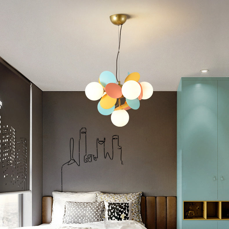 Contemporary Nordic Metal Acrylic Colorful Flower Branch Round Glass Ball 5/6/8/10/12/15 Light Chandelier For Living Room