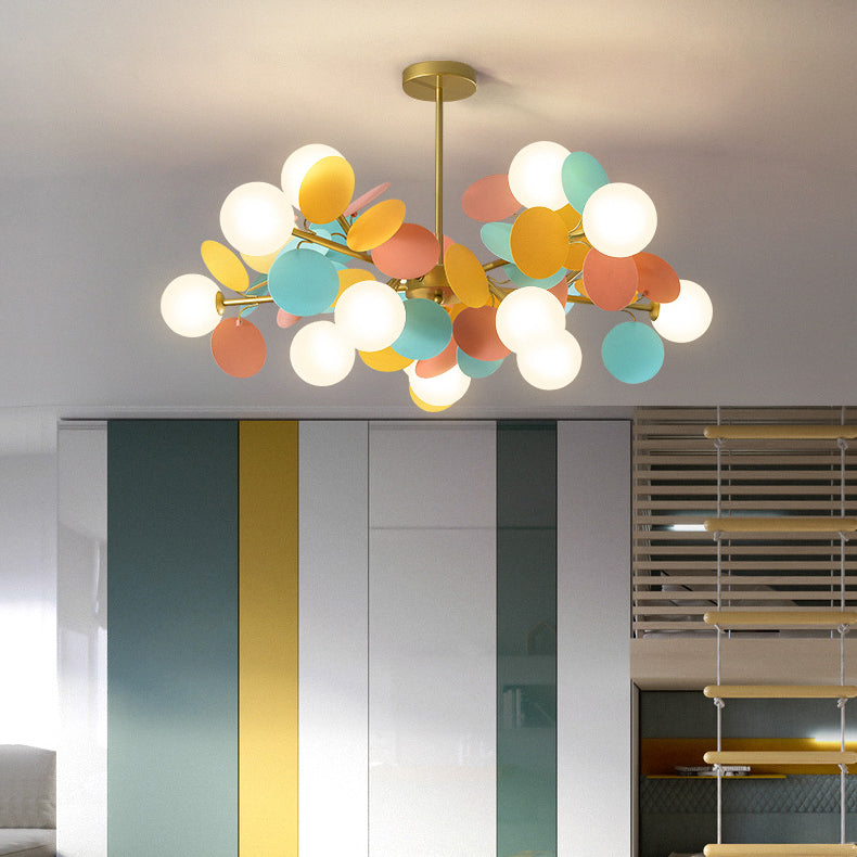 Contemporary Nordic Metal Acrylic Colorful Flower Branch Round Glass Ball 5/6/8/10/12/15 Light Chandelier For Living Room