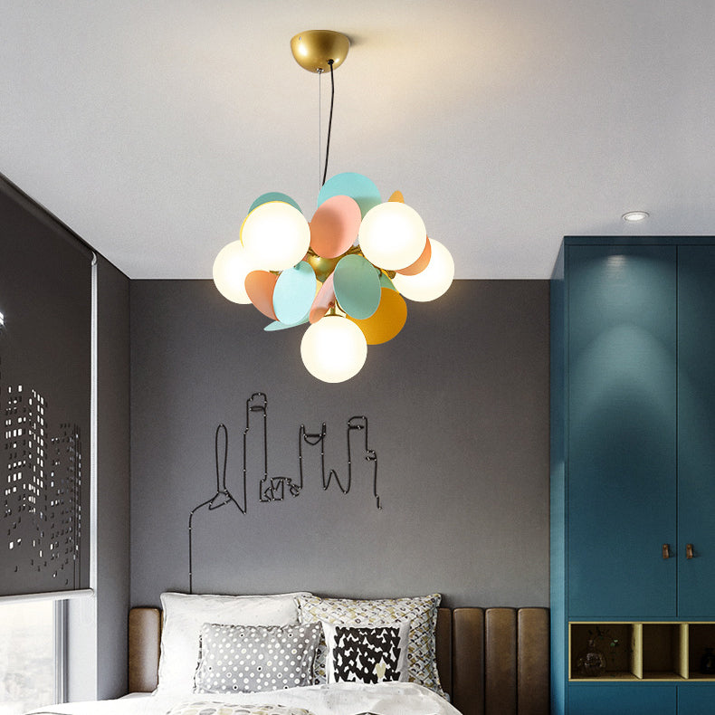 Contemporary Nordic Metal Acrylic Colorful Flower Branch Round Glass Ball 5/6/8/10/12/15 Light Chandelier For Living Room