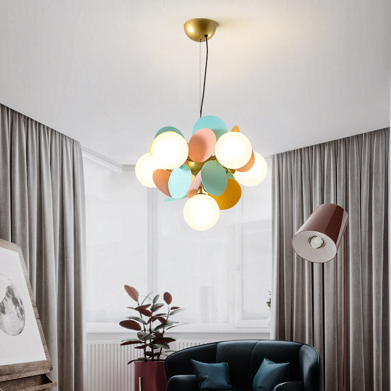 Contemporary Nordic Metal Acrylic Colorful Flower Branch Round Glass Ball 5/6/8/10/12/15 Light Chandelier For Living Room