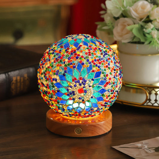 Contemporary Creative Bohemian Wood Base Colorful Glass Ball Decorative USB LED Table Lamp For Bedroom