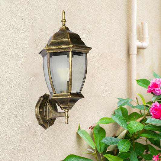 Contemporary Retro Waterproof Hexagonal Cage Aluminum Frosted Clear Glass 1-Light Wall Sconce Lamp For Outdoor Patio