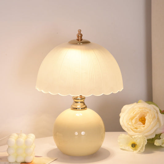 Contemporary Nordic Half Dome Flower Globe Base Iron Ceramic Glass 1-Light Table Lamp For Bedroom