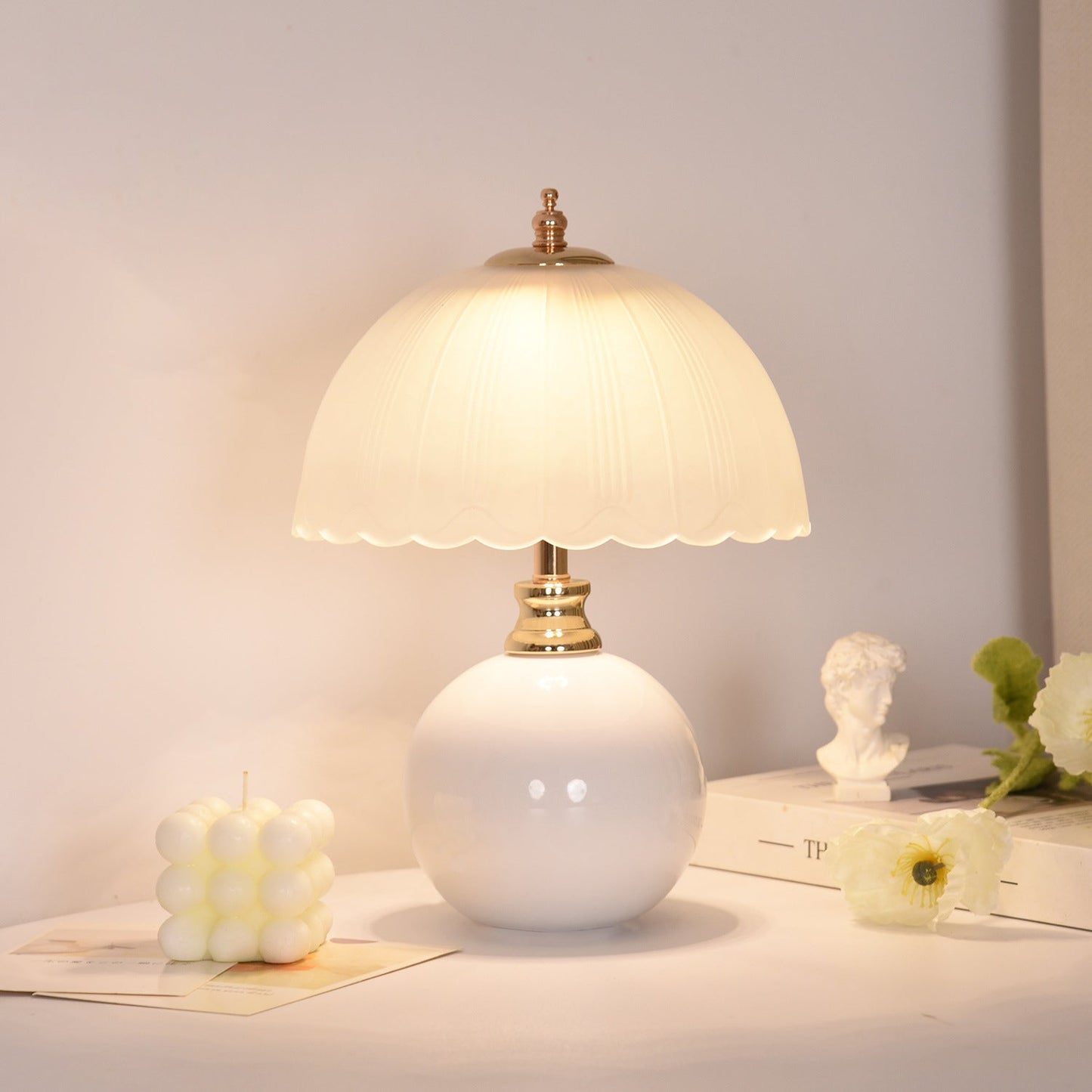 Contemporary Nordic Half Dome Flower Globe Base Iron Ceramic Glass 1-Light Table Lamp For Bedroom