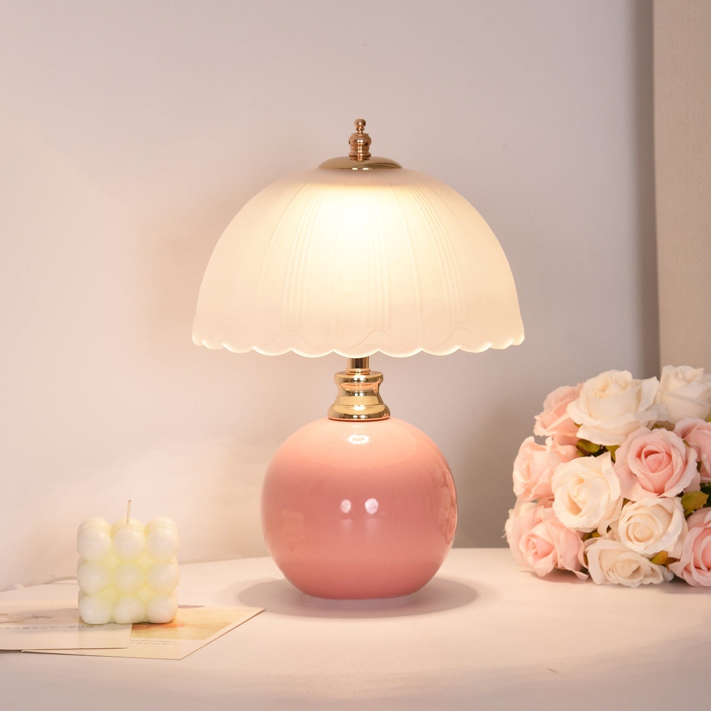 Contemporary Nordic Half Dome Flower Globe Base Iron Ceramic Glass 1-Light Table Lamp For Bedroom