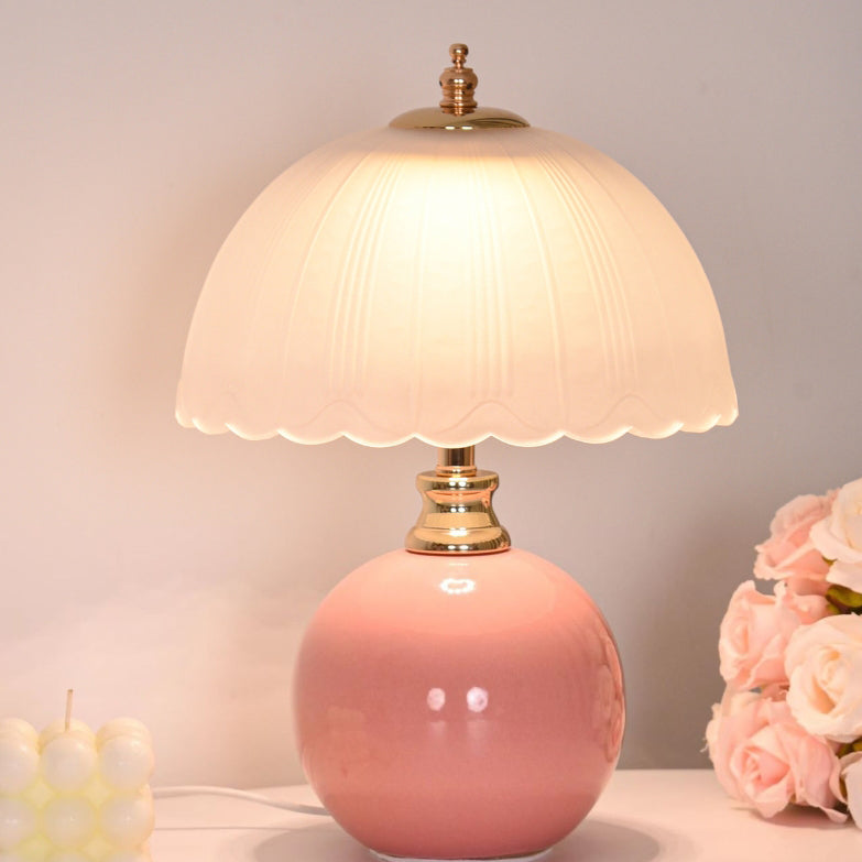 Contemporary Nordic Half Dome Flower Globe Base Iron Ceramic Glass 1-Light Table Lamp For Bedroom
