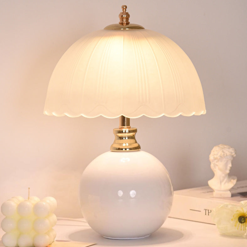Contemporary Nordic Half Dome Flower Globe Base Iron Ceramic Glass 1-Light Table Lamp For Bedroom