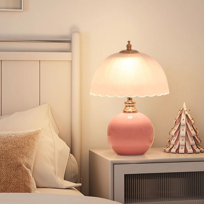Contemporary Nordic Half Dome Flower Globe Base Iron Ceramic Glass 1-Light Table Lamp For Bedroom
