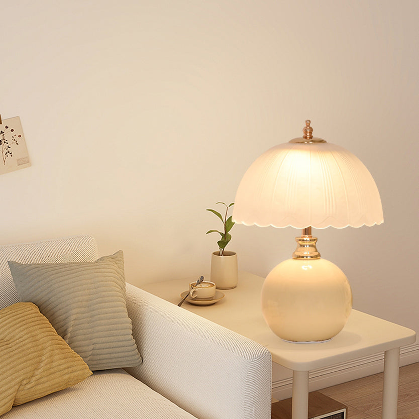 Contemporary Nordic Half Dome Flower Globe Base Iron Ceramic Glass 1-Light Table Lamp For Bedroom