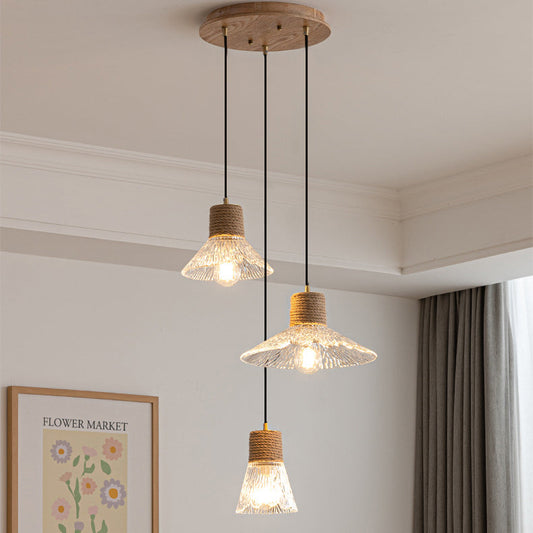 Contemporary Nordic Round Long Plate Conical Glass Hemp Rope Wood 3-Light Chandeliers For Living Room
