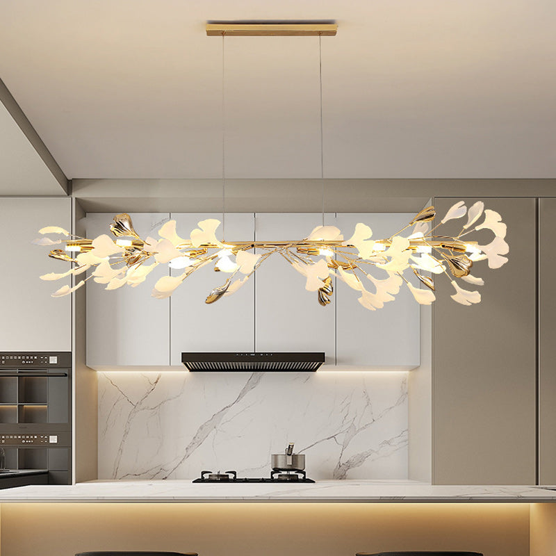 Contemporary Scandinavian Tree Branch Ginkgo Leaf Iron Plastic Porcelain 8-Light Chandelier For Living Room