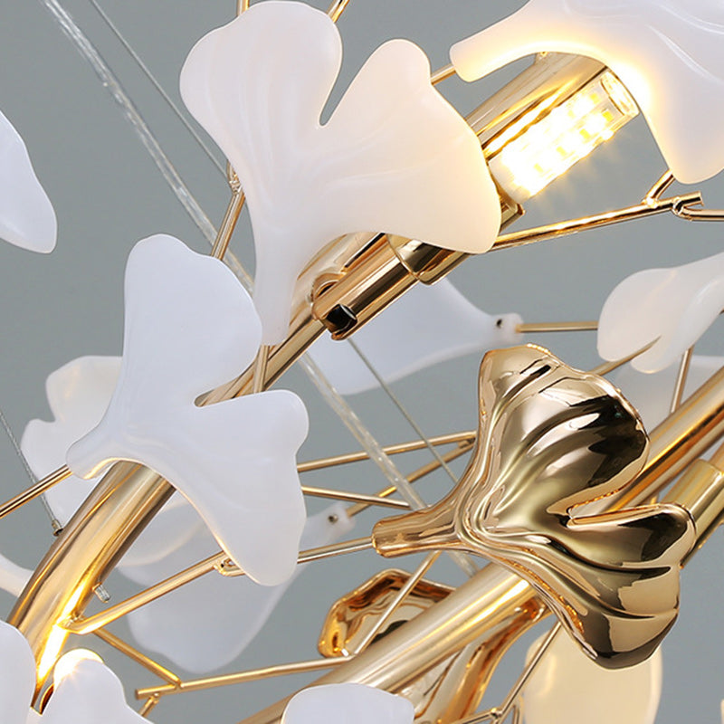 Contemporary Scandinavian Tree Branch Ginkgo Leaf Iron Plastic Porcelain 8-Light Chandelier For Living Room