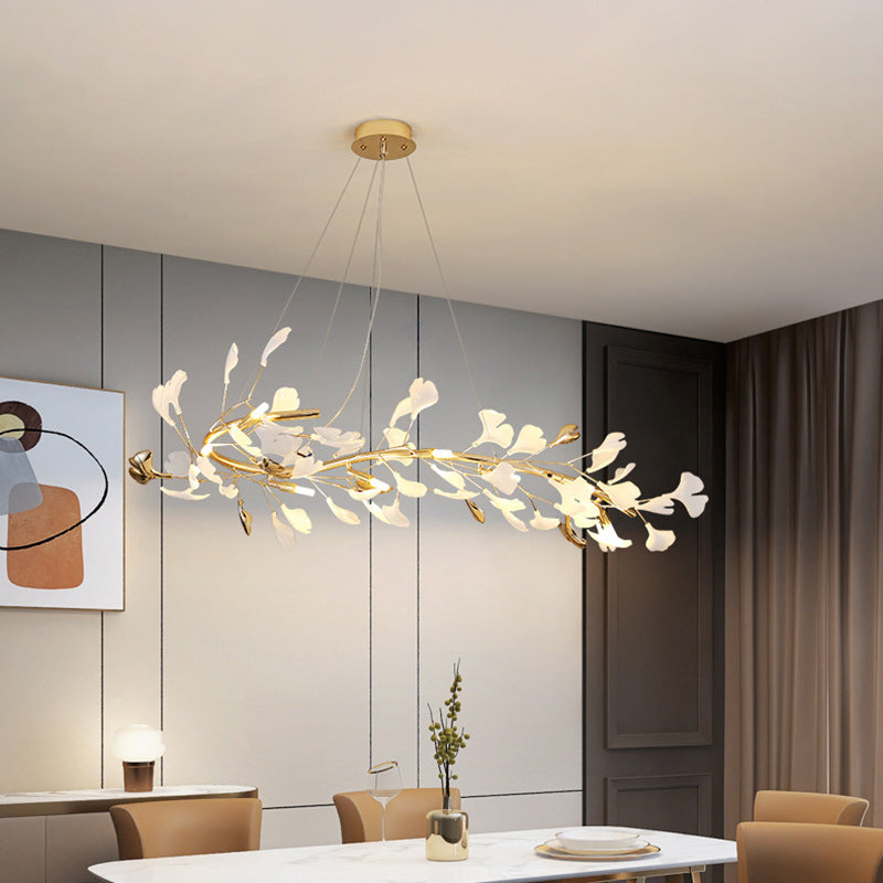 Contemporary Scandinavian Tree Branch Ginkgo Leaf Iron Plastic Porcelain 8-Light Chandelier For Living Room