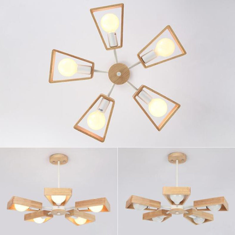 Contemporary Scandinavian Trapezoidal Branch Disc Base Iron Wood 3/5/6/8 Chandelier For Living Room