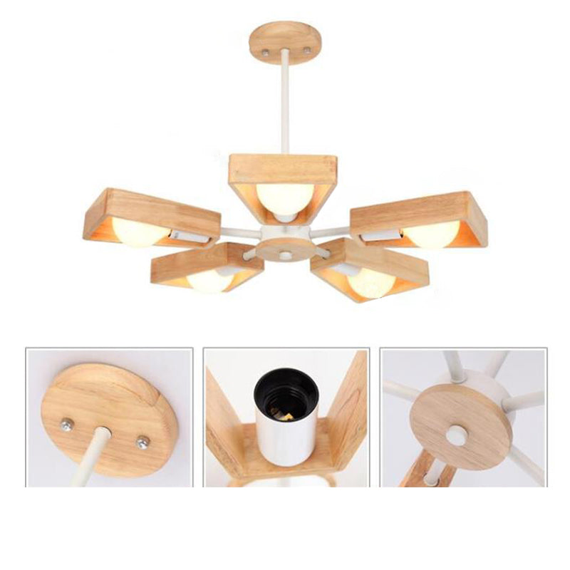 Contemporary Scandinavian Trapezoidal Branch Disc Base Iron Wood 3/5/6/8 Chandelier For Living Room