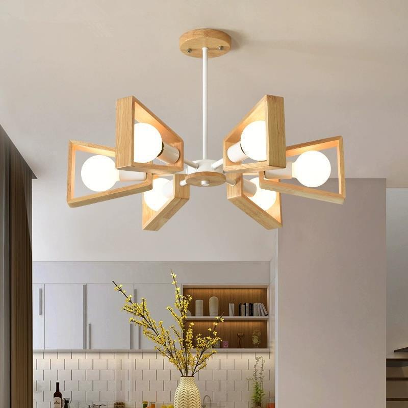 Contemporary Scandinavian Trapezoidal Branch Disc Base Iron Wood 3/5/6/8 Chandelier For Living Room