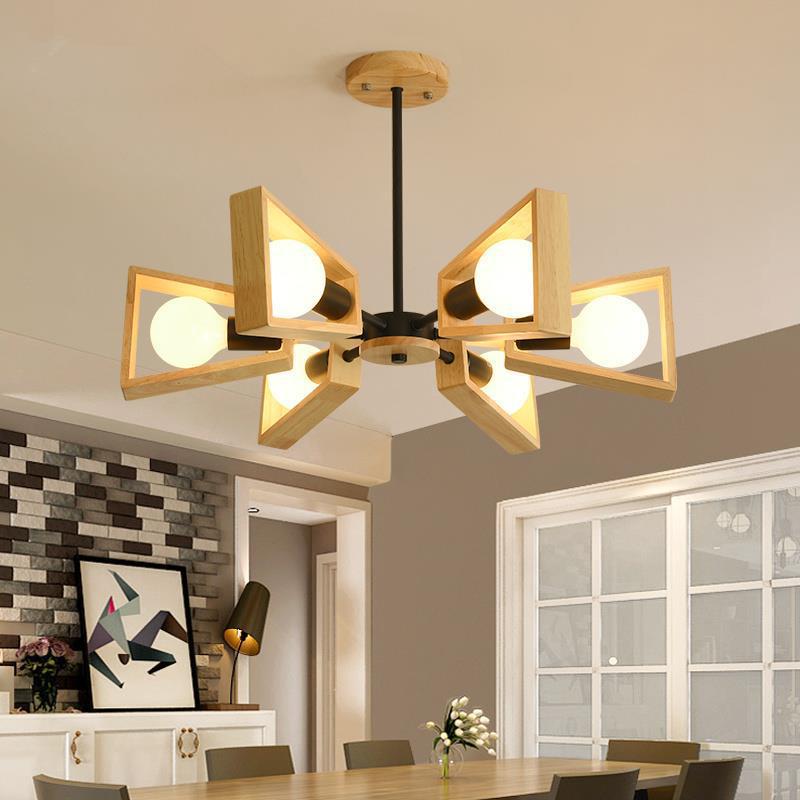 Contemporary Scandinavian Trapezoidal Branch Disc Base Iron Wood 3/5/6/8 Chandelier For Living Room