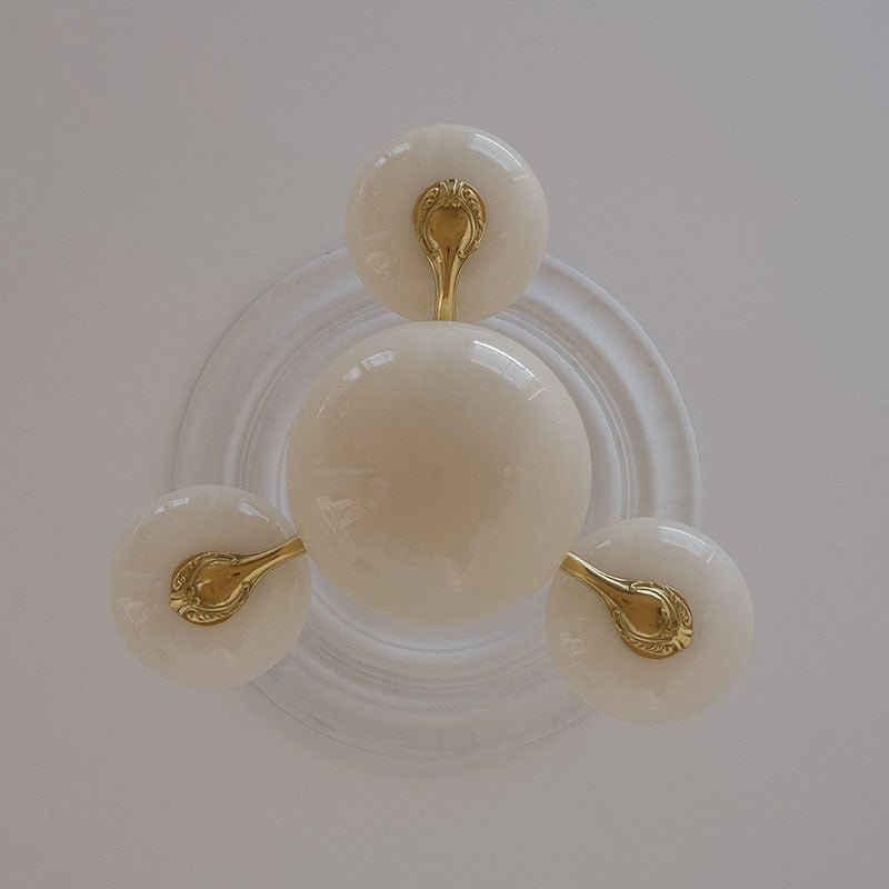 Traditional French Brass Frame Opal Glass Round Shade 3/5-Light Chandelier For Living Room