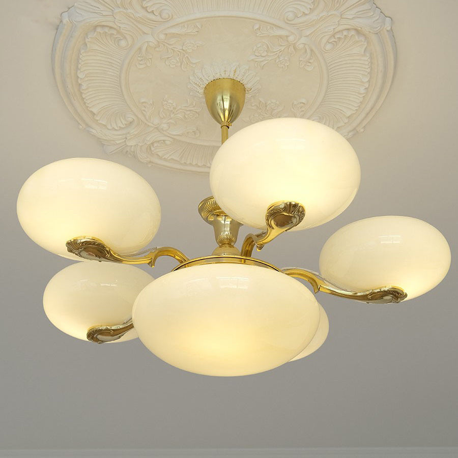 Traditional French Brass Frame Opal Glass Round Shade 3/5-Light Chandelier For Living Room