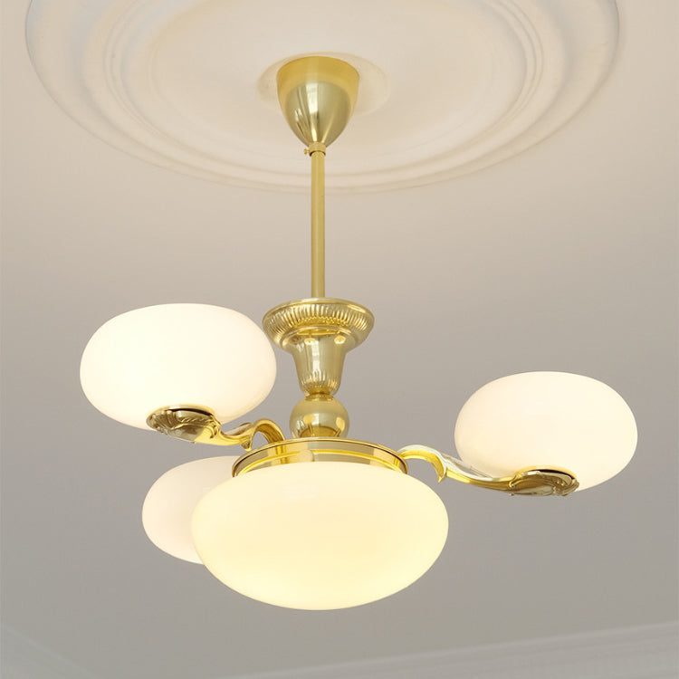Traditional French Brass Frame Opal Glass Round Shade 3/5-Light Chandelier For Living Room