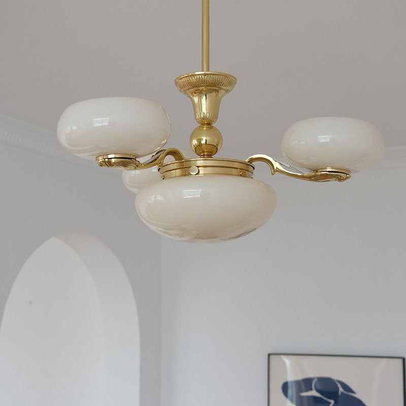 Traditional French Brass Frame Opal Glass Round Shade 3/5-Light Chandelier For Living Room