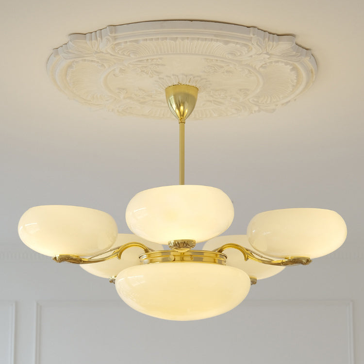 Traditional French Brass Frame Opal Glass Round Shade 3/5-Light Chandelier For Living Room