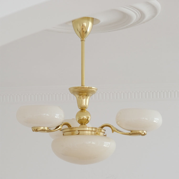 Traditional French Brass Frame Opal Glass Round Shade 3/5-Light Chandelier For Living Room
