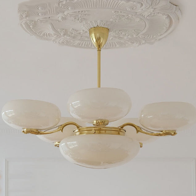 Traditional French Brass Frame Opal Glass Round Shade 3/5-Light Chandelier For Living Room