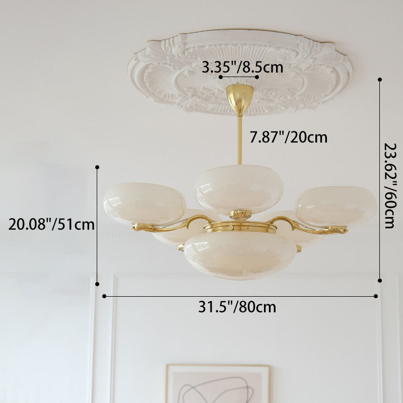 Traditional French Brass Frame Opal Glass Round Shade 3/5-Light Chandelier For Living Room