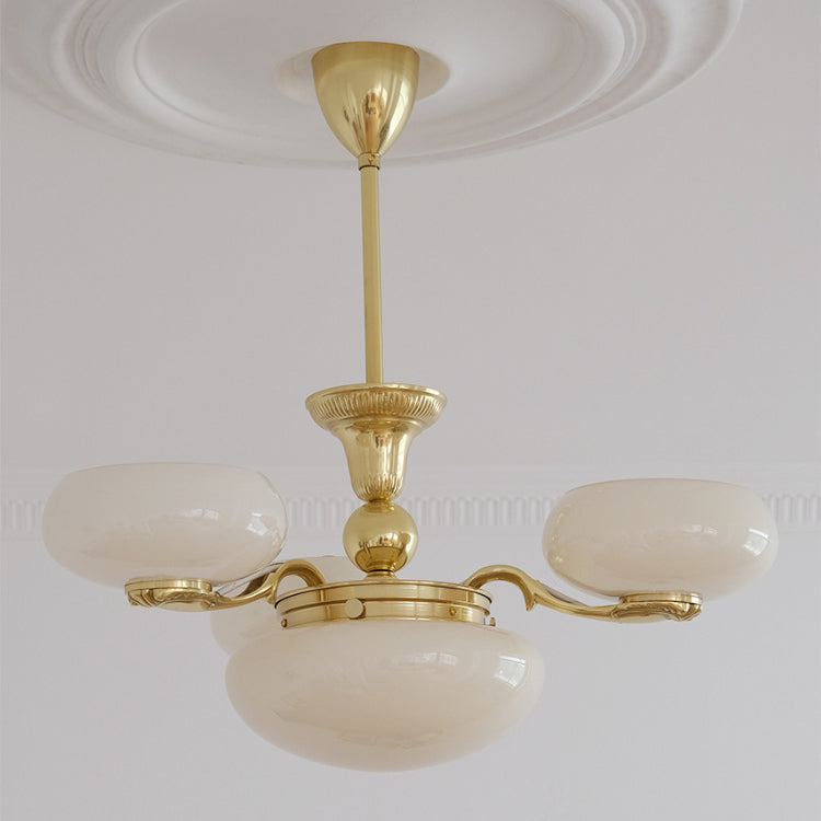Traditional French Brass Frame Opal Glass Round Shade 3/5-Light Chandelier For Living Room