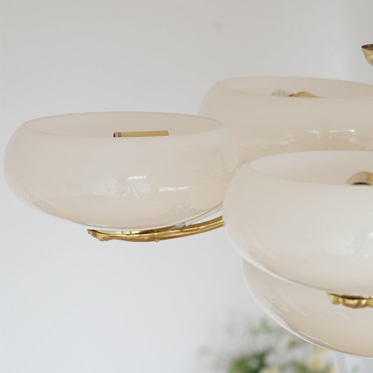 Traditional French Brass Frame Opal Glass Round Shade 3/5-Light Chandelier For Living Room