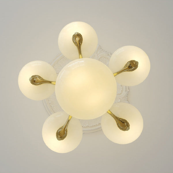 Traditional French Brass Frame Opal Glass Round Shade 3/5-Light Chandelier For Living Room