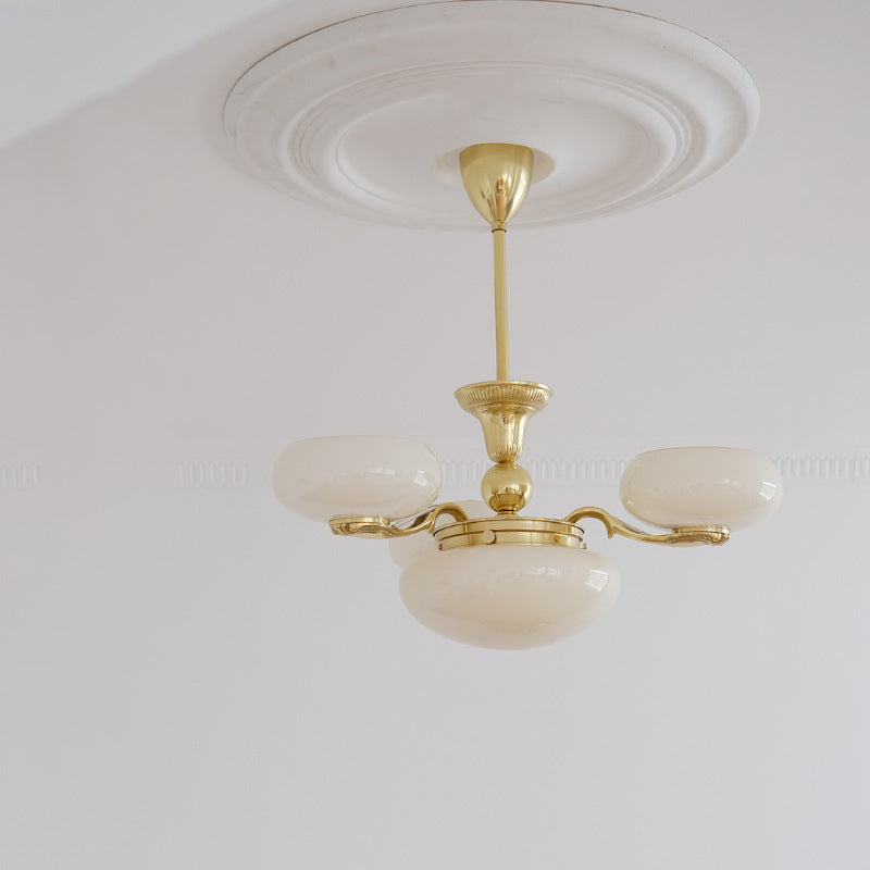 Traditional French Brass Frame Opal Glass Round Shade 3/5-Light Chandelier For Living Room