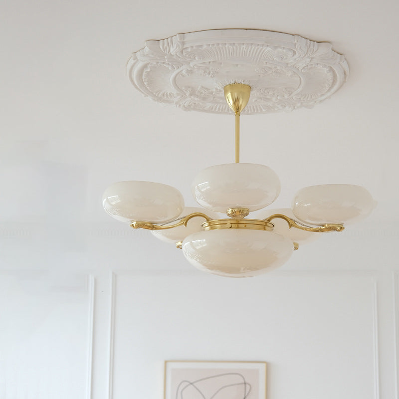 Traditional French Brass Frame Opal Glass Round Shade 3/5-Light Chandelier For Living Room