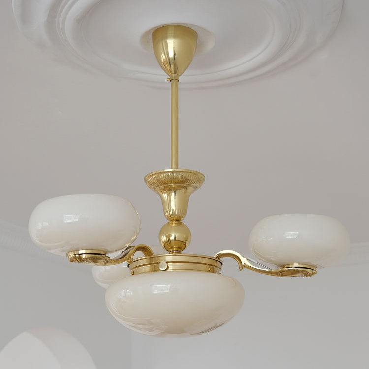 Traditional French Brass Frame Opal Glass Round Shade 3/5-Light Chandelier For Living Room