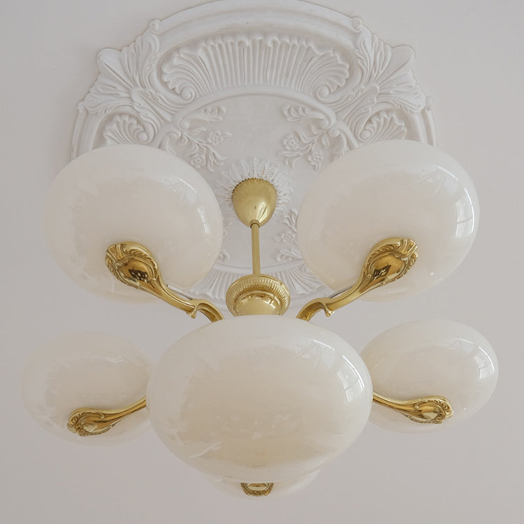 Traditional French Brass Frame Opal Glass Round Shade 3/5-Light Chandelier For Living Room
