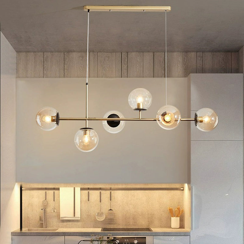Contemporary Scandinavian Linear Round Orb Iron Glass 6-Light Island Light Chandelier For Dining Room