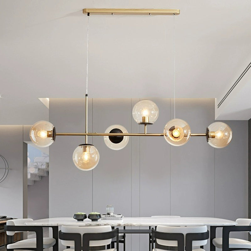 Contemporary Scandinavian Linear Round Orb Iron Glass 6-Light Island Light Chandelier For Dining Room