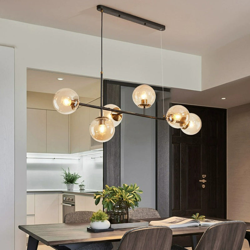 Contemporary Scandinavian Linear Round Orb Iron Glass 6-Light Island Light Chandelier For Dining Room