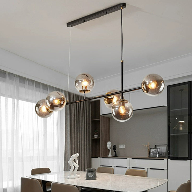 Contemporary Scandinavian Linear Round Orb Iron Glass 6-Light Island Light Chandelier For Dining Room