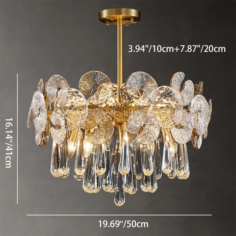 Traditional Luxury Round Teardrop Crystal Copper Glass 6/9/12-Light Chandelier For Living Room
