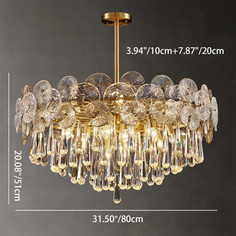 Traditional Luxury Round Teardrop Crystal Copper Glass 6/9/12-Light Chandelier For Living Room