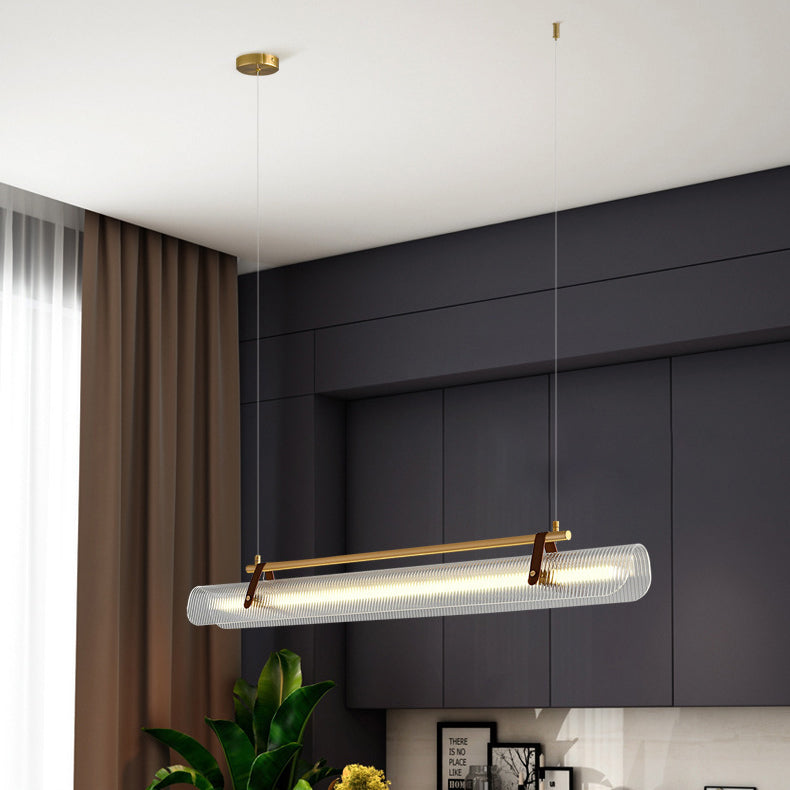 Contemporary Scandinavian Long Arched Cylinder Acrylic Leather Iron LED Island Light Chandelier For Living Room