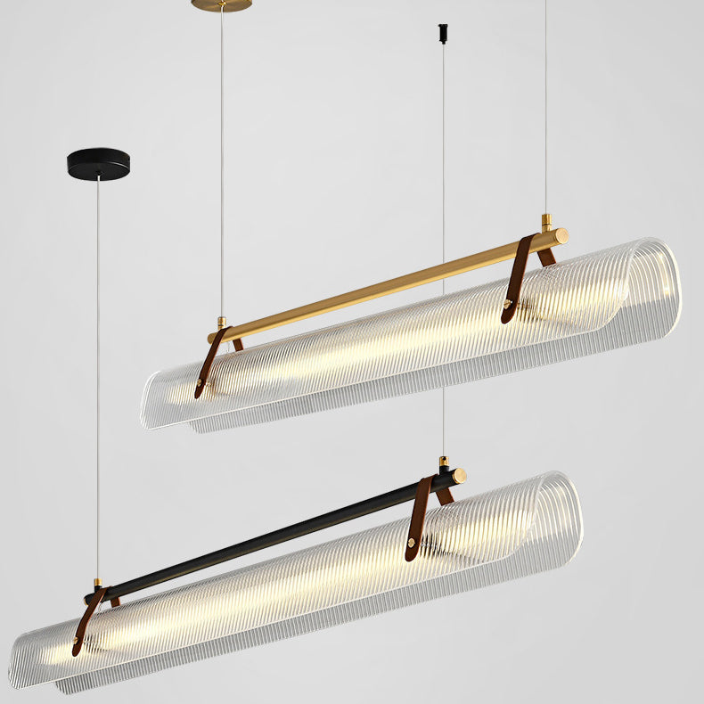 Contemporary Scandinavian Long Arched Cylinder Acrylic Leather Iron LED Island Light Chandelier For Living Room