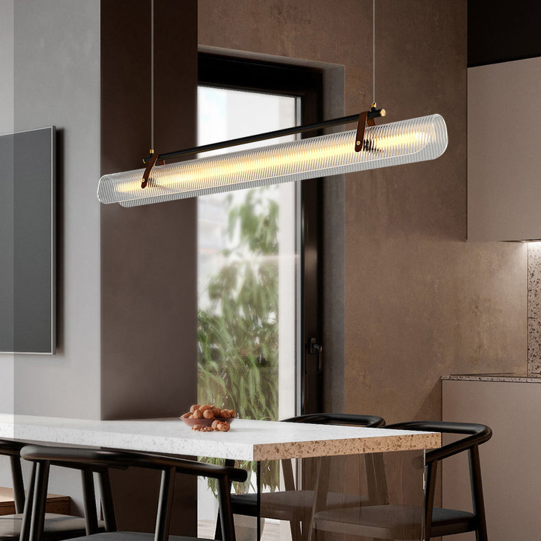 Contemporary Scandinavian Long Arched Cylinder Acrylic Leather Iron LED Island Light Chandelier For Living Room